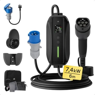 Abbildung von dé Ladekabel Typ 2 CEE Stecker 7,4kW [1 phasig6m6 32A] mit Einstellbarer Ladeleistung, EV Ladegerät und Mobile Ladestation/Wallbox für ID.3, ID.4, ID.5, Model Y / 3, e up, tron, Zoe andere