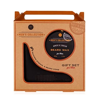 Abbildung von accentra Geschenkset Men`s Collection, für Männer, Bartwachs und Kombi Tool aus Bartschablone Bart Kamm in einer Geschenkschachtel Kraftpapier mit Griff