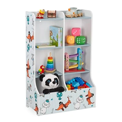 Abbildung von Relaxdays Kinderregal, HxBxT: 90 x 59 30 cm, Kinderzimmerregal mit Hundemotiv, 8 Fächer, MDF, Bücherregal Kinder, bunt, Weiß, Hellblau, Blau