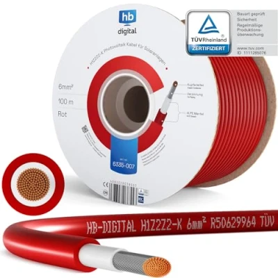 Abbildung von hb digital 100m Solarkabel H1Z2Z2 K TÜV Rheinland zertifiziertes 6mm² flexibel UV witterungsbeständig PV Kabel reines Kupfer 1500V DC für Solarpanel Wechselrichter Photovoltaik Rot