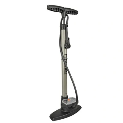 Abbildung von FISCHER Stand Luftpumpe mit Manometer, hohe Pumpleistung bis 11 bar, für alle Ventile (AV, DV, SV), Doppelkopf, Adaptern Ball und Luftmatratze, Scharz Silber