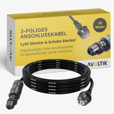Abbildung von Avoltik 3 poliges Wechselrichter Anschlusskabel 10m I Robustes Kabel mit Ly01 Stecker &amp; Schuko doppelseitiges Solar für AC Anschluss Buchse