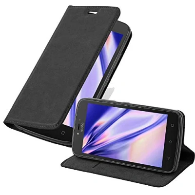 Abbildung von Cadorabo Hülle kompatibel mit Motorola Moto C aus Premium Kunst Leder Flip Klappbare Stoßfeste Magnetische [Standfunktion] [Kartenfächern] Cover für Tasche in Schwarz