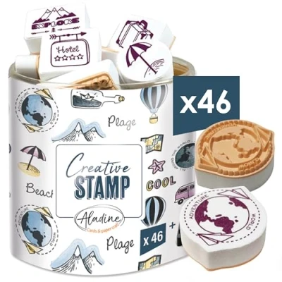 Abbildung von Aladine Stampo Scrapbooking Set mit Reisemotiv Stempelset für kreative Postkarten DIY Basteln zum überall Mitnehmen + Stempelkissen schwarz inklusive