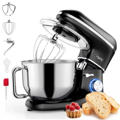 Abbildung von Fentic Küchenmaschine 2000W Edelstahl Rührschüssel (6,2 L) Knetmaschine mit Rührhaken, Knethaken, Schlagbesen und Spritzschutz Inkl. zusätzlichem Zubehör Schwarz