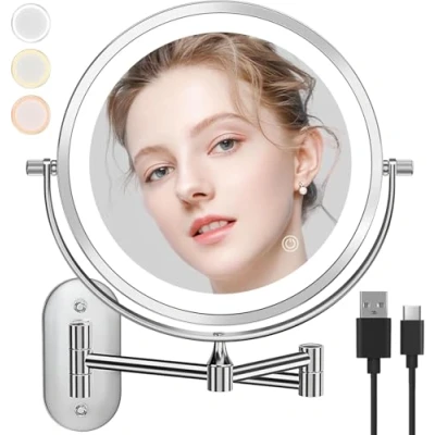 Abbildung von Auxmir Wiederaufladbar Kosmetikspiegel 1X/ 10X mit LED Beleuchtung,Vergrößerung Badspiegel Wandmontage, Dimmbar Schminkspiegel 3 Lichtfarben Touchscreen, 360 Drehbar Rasierspiegel für Badezimmer