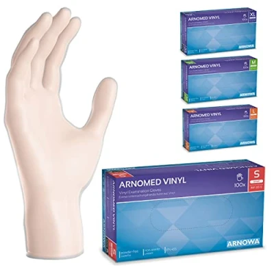 Abbildung von ARNOMED Einweghandschuhe S, Vinyl Handschuhe, Einmalhandschuhe mit 100 Stück/Box, Handschuhe Einweg puderfrei, Gummihandschuhe latexfrei, in M, L, XL