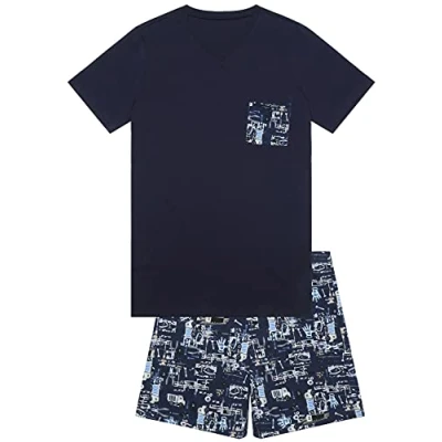 Abbildung von Jungen Schlafanzug kurz, weicher Single Jersey aus 100% Baumwolle und Hose in Bermuda Form mit Motiv Constructor, Nachtblau Grösse 140
