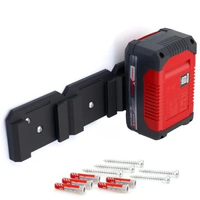 Abbildung von Akku Wandhalterung für Einhell 18V Akkus Power X Change robuste platzsparende Halterung, Aufbewahrung 3 Akkus, 5 Schrauben &amp; Dübel, Einfache Montage mit Einrastfunktion [Made in Germay]