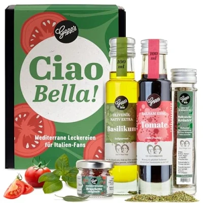 Abbildung von Gepp’s Feinkost Mini Geschenkset Italien Geschenbox mit italienischen Delikatessen wie Bio Olivenöl Basilikum, Bruschetta Dip, italienisches Gewürz Feines Gourmet Geschenk für Männer &amp; Frauen