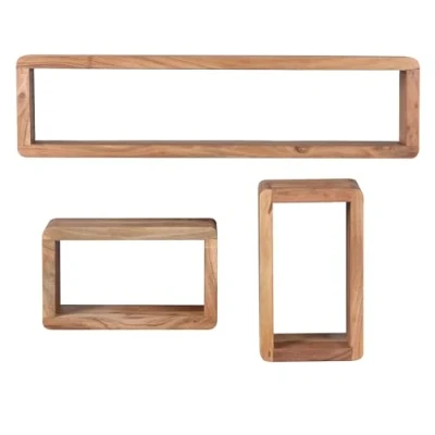 Abbildung von Akazie Massivholz 3er Set Wandregale Cubes