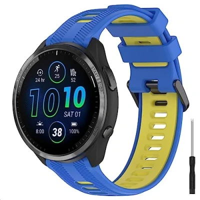 Abbildung von GIOPUEY Armband Kompatibel mit Garmin Forerunner 965/955/945/745, Weiches TPU [Farbdesign spleißen] Ersatzarmband Blue/Yellow