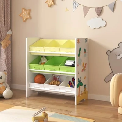Abbildung von en.casa Kinderregal, »Boiro« Spielzeugregal mit 9 Boxen Dino Motiv Grün / Gelb