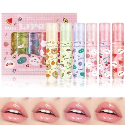 Abbildung von 6Stück Roll On Lipgloss Set, Fruchtige Aromen Rolling Ball Lippenöl, Pflegender Lip Glow Oil Für Trockene Lippen, Clear Gloss Lippenbalsam Moisturizing Balm