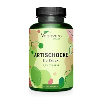 Abbildung von Bio Artischocken Kapseln Hochdosiert 40.000 mg Pulver äquivalent (20:1) 2,5% Cynarin Rohstoff aus Frankreich Laborgeprüft Ohne Zusatzstoffe Deutsche Produktion Vegavero®