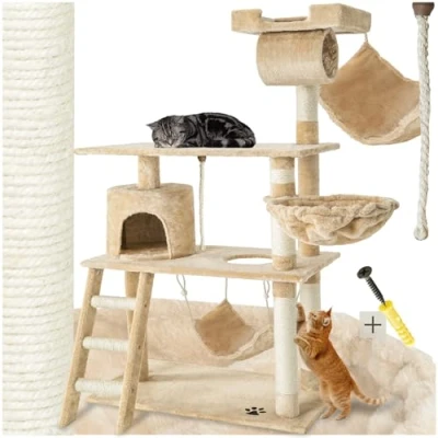 Abbildung von tectake Katzen Kratzbaum, Katzenbaum, Kletterbaum, 141cm hoch, Katzenhaus Indoor mit Hängematte, Höhle, Spielseil und Treppe, Plüsch Sisal, Kratzmöbel Spielzeug, extra breit beige