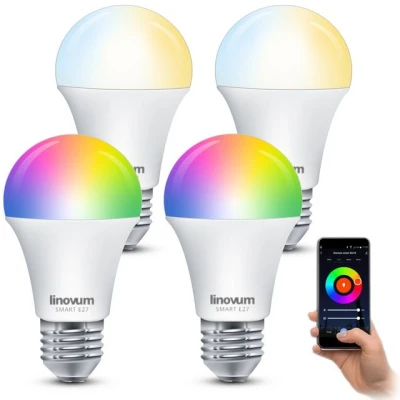 Abbildung von linovum 4er Pack LED Smart Lampe E27 RGB &amp; Farbtemperatur dimmbar App Sprache WLAN Light Bulb kompatibel mit Alexa, Google Home