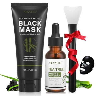 Abbildung von Blackhead Remover Maske, Mitesser Peel Off Maske Holzkohle und Teebaum Serum, Gesichts Schwarzmaske Porenreinige für Mitesser, Schmutz, Akne, Porenschrumpfen(100g+30ml)