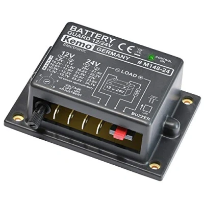 Abbildung von Kemo M148 24 Batteriewächter für 12 oder V/DC. Schützen von Autobatterien vor Tiefentladung. Automatisches Einschalten nach Wiederkehr normaler Spannung. Automatische Batterieerkennung, Schwarz, Grau