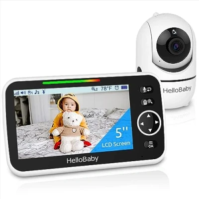 Abbildung von HelloBaby Video Babyphone, 5 Zoll geteilter Bildschirm mit 30 Stunden Akku, Pan Tilt Zoom Babyphone Kamera und Audio, Nachtsicht, ECO, 2 Wege 8 Schlaflieder, 1000 Fuß Reichweite