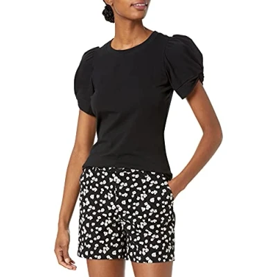 Abbildung von Amazon Essentials Damen T Shirt mit gedrehten Ärmeln und Rundhalsausschnitt in klassischer Passform, Schwarz, XL