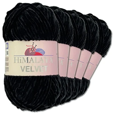 Abbildung von Wohnkult Himalaya 5 x 100 g Velvet Dolphin Wolle 40 Farben zur Auswahl Chenille Strickgarn Glanz Flauschgarn Accessoire Kleidung (90011 Schwarz)