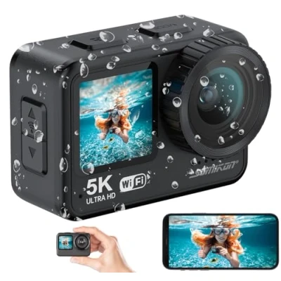Abbildung von Somikon Unterwasserkamera: Mini Actioncam mit 5k Auflösung, wasserdicht bis 21 m, 2 Displays, EIS (Actioncamera, Kamera, Unterwasser Cam)