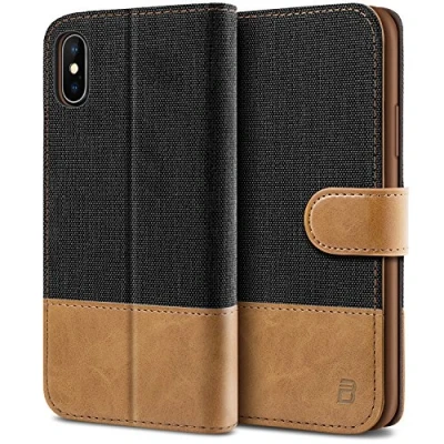 Abbildung von BEZ Handyhülle für iPhone X Hülle, Tasche Kompatibel X, XS Handytasche Schutzhülle [Stoff und PU Leder] mit Kreditkartenhaltern, Schwarz