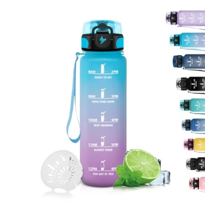 Abbildung von Grsta Trinkflasche, 500ml Trinkflasche Kinder, Auslaufsicher mit Filter, Uhrzeit, Leicht zu Reinigen, Sport für Schule, Fitness, Outdoor, Blue Purple