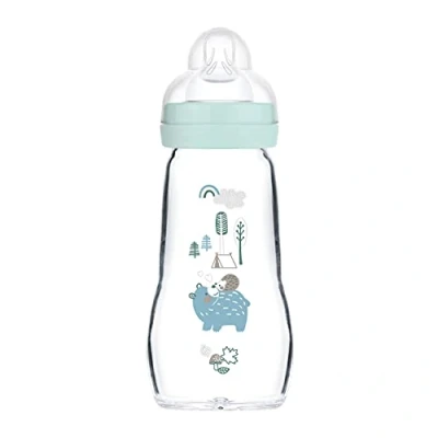 Abbildung von MAM Feel Good Babyflasche aus Glas (260 ml), Milchflasche mit weiter Öffnung, stabile Baby Trinkflasche Sauger Gr. 1, ab der Geburt, Bär/IgeL
