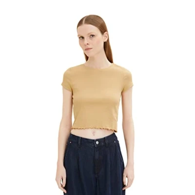 Abbildung von TOM TAILOR Denim Damen Cropped Ripp T Shirt mit Bio Baumwolle