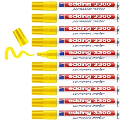 Abbildung von edding 3300 Permanentmarker gelb 10 Stifte Keil Spitze 1 5 mm schnell trocknender Permanent Marker wasserfest, wischfest für Karton, Kunststoff, Holz, Metall Universalmarker