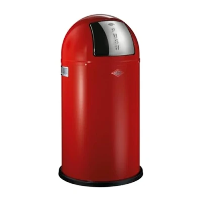 Abbildung von Wesco Pushboy Mülleimer in der Farbe rot, pulverbeschichtetes Stahlblech, 50 Liter Volumen, große Edelstahlklappe, herausnehmbarer Innenbehälter