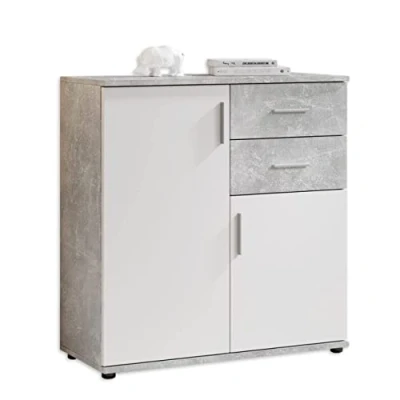 Abbildung von Stella Trading BOBBY Kommode in Beton Optik, Weiß Modernes Sideboard mit viel Stauraum für Ihren Wohnbereich 80 x 82 35 cm (B/H/T)