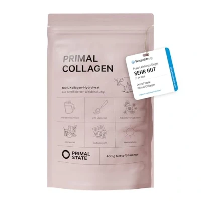 Abbildung von Primal State® Collagen Pulver [460g] Geschmacksneutral Bioaktives Kollagen Hydrolysat Peptide Typ 1 und 3 Perfekte Löslichkeit