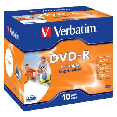 Abbildung von Verbatim DVD R Wide Inkjet Printable 4.7GB, 10er Pack Jewel Case l, Rohlinge bedruckbar, 16 fache Brenngeschwindigkeit &amp; Hardcoat Scratch Guard, printable, leer