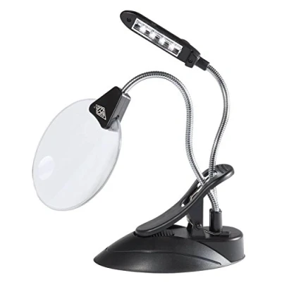 Abbildung von Wedo 27175201 Tischlupe mit LED Lampe, Kunststoff Linse Ø 10,2 cm, 2 fach / 4 Vergrößerung, 4x Licht, flexibler Hals, Klemme, schwarz