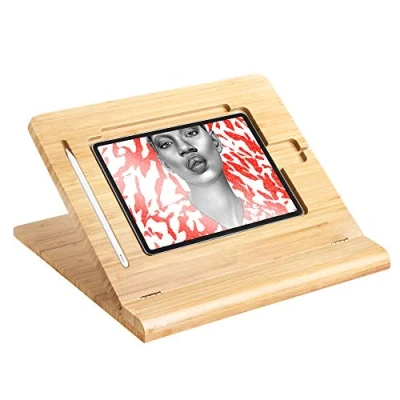 Abbildung von ELETIUO Tablet Schreibtisch Ständer, höhenverstellbar, Faltbarer Bambus Zeichen iPad Halter, tragbarer Ständer mit Mehreren Winkeln, kompatibel 12,9 Zoll Pro 3. / 4. Generation