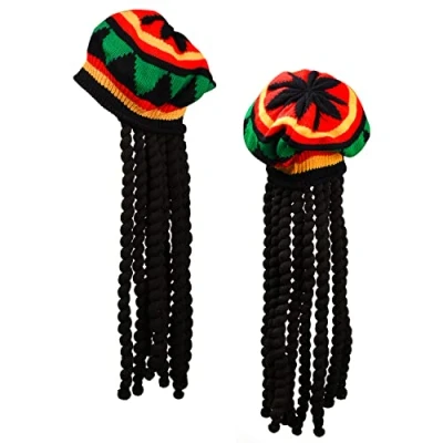 Abbildung von XNHIU Rasta Hut mit schwarzen Dreadlocks, Bob Marley, Perücke Tam Hut, Kostüm, Perückenkappe