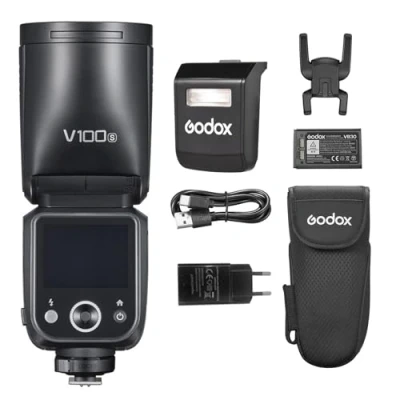 Abbildung von Godox V100S kabelloser Kamerablitz 100W Rundkopf Speedlite 1/8000s 2980mAh AKKU 1,7 s Wiederaufladezeit Eingebaute LED Einstelllampe mit abnehmbarem Sub Blitz+24 Stück Blitzgele für Sony Kamera