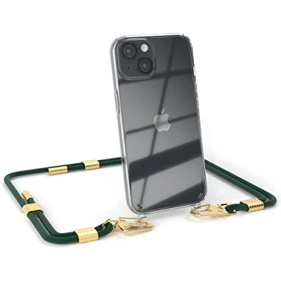 Abbildung von EAZY CASE kombinierbare Handyketten kompatibel mit iPhone 14, Transparente Silikon Hülle stylischen rundem Umhängeband, Abnehmbarer Karabiner, Band, Wechselgurt, Pinien Grün Gold