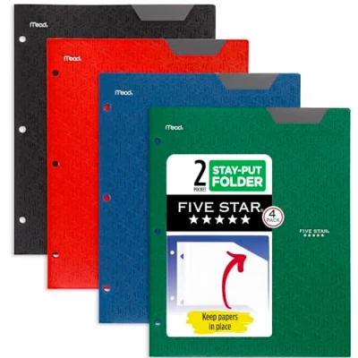Abbildung von Five Star 2 Pocket Folders, 4 Pack, Plastic Folders with Stay Put Tabs, Fits 3 Ring Binder, Holds 11 x 8 1/2, Assorted Colors (38049), Black, Red, Green, Blue