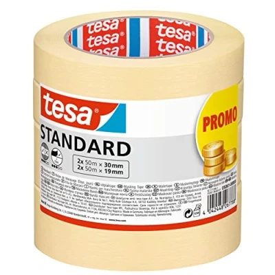 Abbildung von tesa Malerband Standard 4er Pack Malerabdeckband mit starker Haftung zum Abkleben bei Malerarbeiten lösungsmittelfrei 2 x 50m 19mm + 2x 30mm
