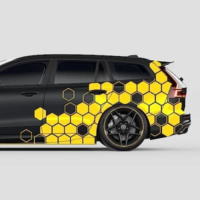 Abbildung von Finest Folia 2er Set XXL Auto Aufkleber je 200x60cm Motorrad Bus Sticker Kfz Zubehör Waben Tuning Dekor Linien Design Folie KX078 (09 Sonnengelb)