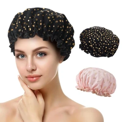 Abbildung von Duschhaube, 2 Stück Wasserdichte Duschhauben, Shower Cap, Duschhaube für Damen, Haarhaube Die Nacht, mit Elastischem Band, Wiederverwendbare Dusche Kappen Mädchen Frauen (C)