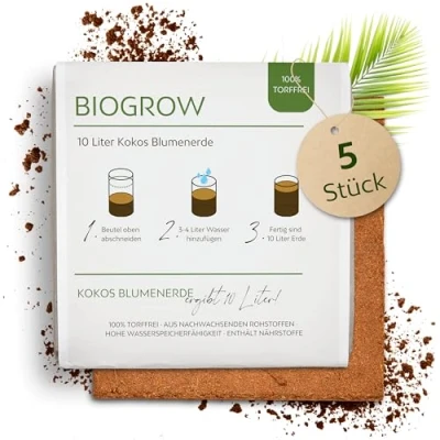 Abbildung von Bio Kokoserde gepresst im Quellbeutel Biologisch abbaubare, torffreie Anzuchterde aus 100% Kokosfasern (10 Liter, 5 Stück)