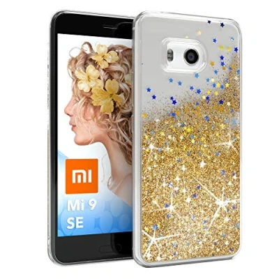 Abbildung von EAZY CASE Hülle kompatibel mit Xiaomi Mi 9 SE Schutzhülle Flüssig Glitzer, Handyhülle, Schutzhülle, Back Cover Glitter Flüssigkeit, TPU/Silikon, Transparent/Durchsichtig, Gold