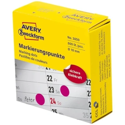Abbildung von AVERY Zweckform 3850 selbstklebende Markierungspunkte 800 Stück (Ø10mm, Klebepunkte auf Rolle im Spender, Punktaufkleber zur Farbcodierung, runde Aufkleber für Kalender, Planer und zum Basteln) pink