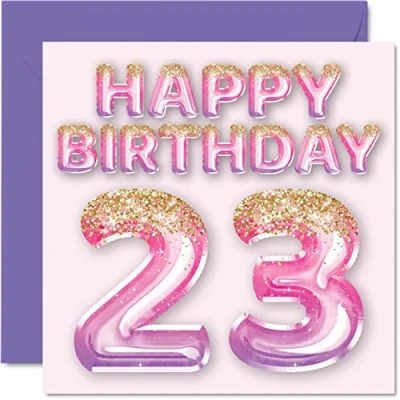 Abbildung von Geburtstagskarte zum 23. Geburtstag für Frauen rosa und lila Glitzerballons Happy Birthday Karten 23 Jahre alte Frau, Tochter, Schwester, Tante, Cousin, 145 mm x mm, Geburtstagskarten