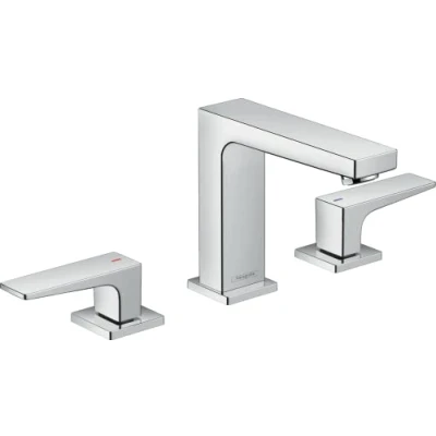 Abbildung von hansgrohe Waschtischarmatur &quot;Metropol&quot;, 3 Loch 11cm, mit Hebelgriffen und Push Open Ablaufgarnitur, chrom